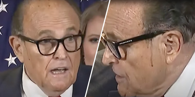 Rudy Giuliani sweating hair dye (two split)