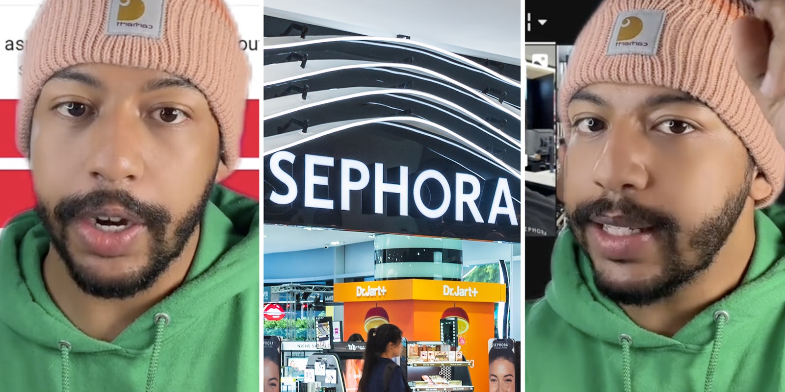 Man talking(l+r), Sephora store front(c)