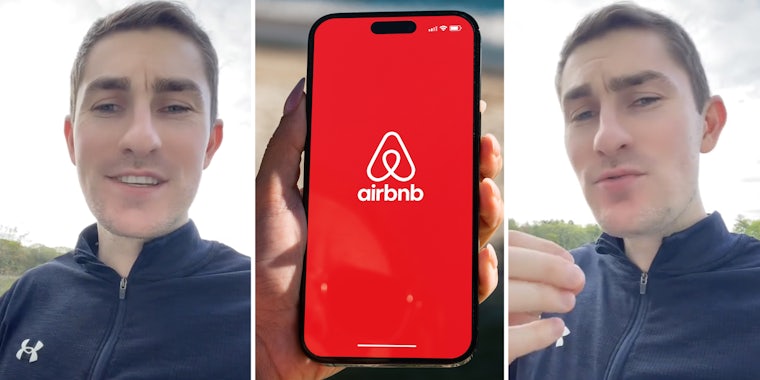 Man talking(l+r), Hand holding phone with airbnb app(c)