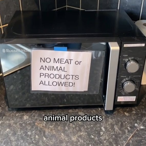 Sign that reads 'NO MEAT or ANIMAL PRODUCTS ALLOWED!' taped to microwave