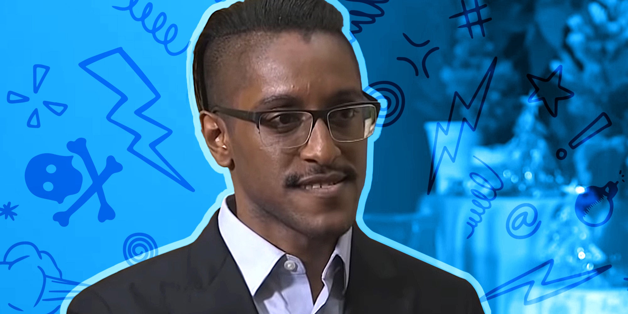 Ali Alexander with cartoon elements in background