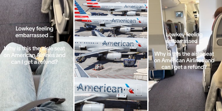 Legs in airplane seat(l), American Airline planes(c), Plane aisle(r)