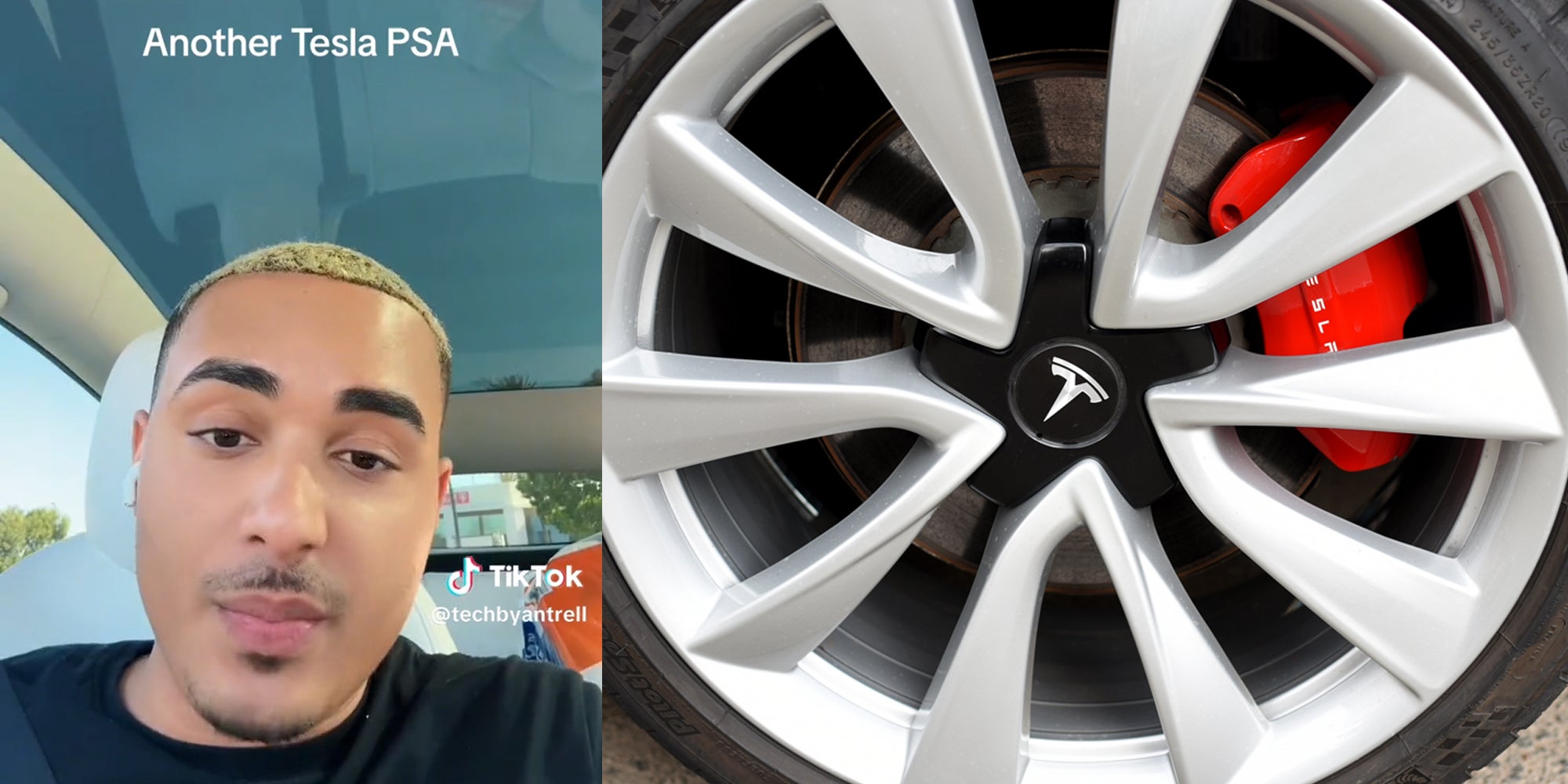 man in car with caption 'another Tesla PSA' (l) Tesla rims (r)