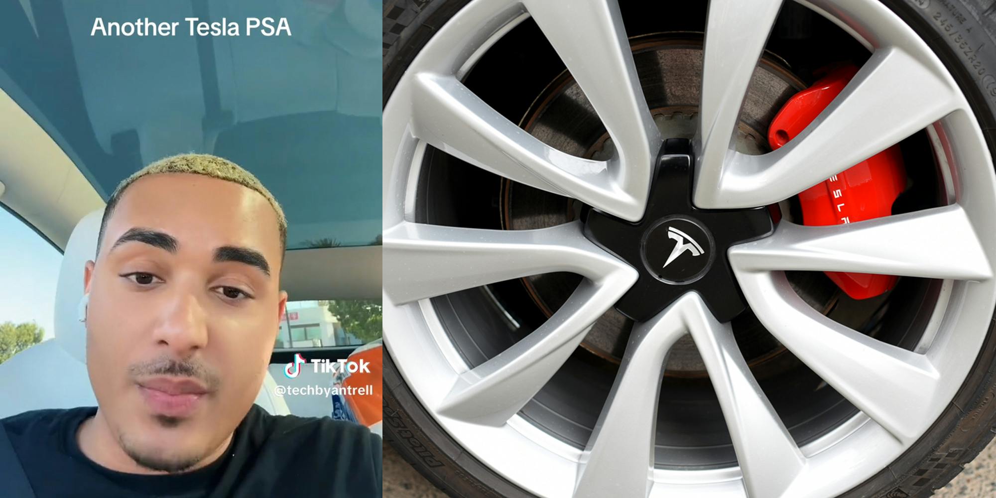 man in car with caption "another Tesla PSA" (l) Tesla rims (r)