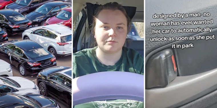 Cars in the lot(l), Woman at steering wheel(c), Car lock(r)