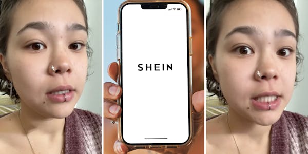 Woman talking(l+r), Hand holding phone with shein app(c)