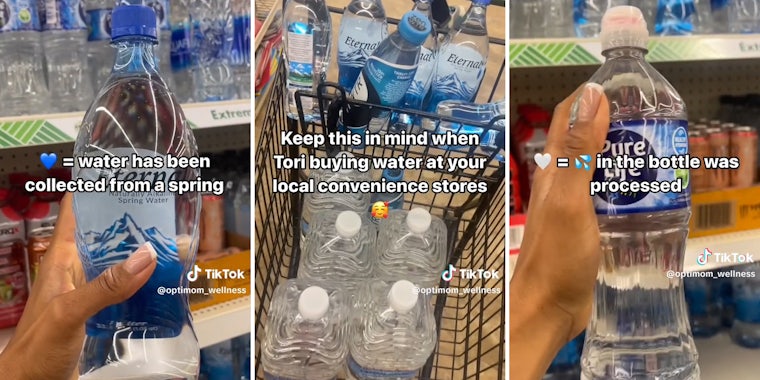 woman showing bottles of water with caption 'blue heart emoji equals water has been collected from a spring' (l) 'keep this in mind when Tori buying water at your local convenience stores' (c) 'white heart emoji equals water emoji in the bottle was processed' (r)