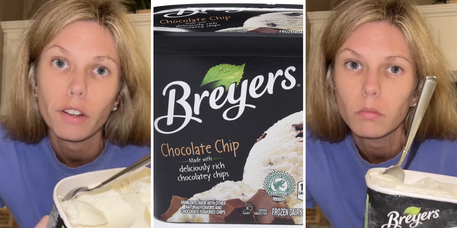 Woman with ice cream container(l+r), Breyers ice cream(c)