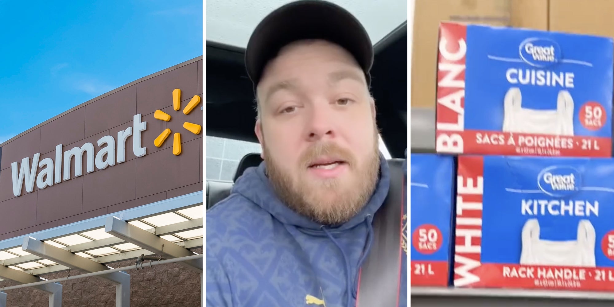 Walmart storefront(l), man talking(c), Plastic bags in boxes on shelf(r)