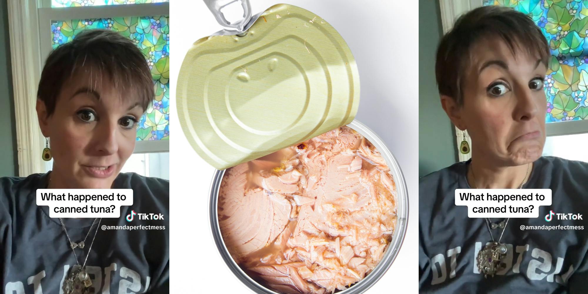 woman with caption "what happened to canned tuna?" (l&r) canned tuna (c)