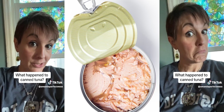 woman with caption 'what happened to canned tuna?' (l&r) canned tuna (c)