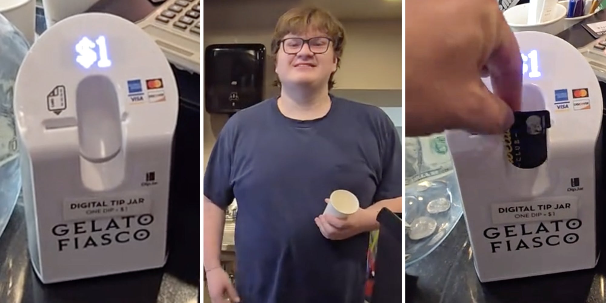 Cashless tip machine(l+r), Man smiling(c)