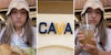 Woman with food(l), Cava sign(c), Woman with drink(r)
