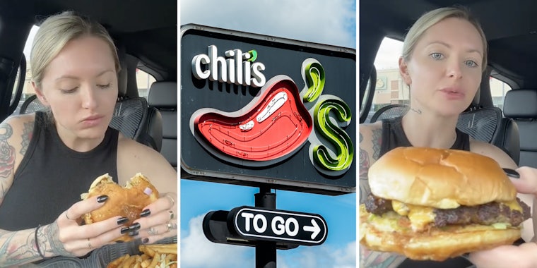 Woman eating burger(l), Chili's sign(c), Woman showing off burger(r)