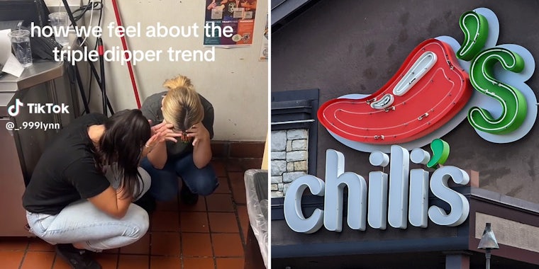 two young women squatting with their heads in their hands, caption 'how we feel about the triple dipper trend' (l) Chili's restaurant sign (r)