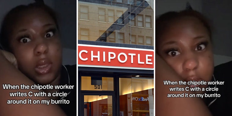 Woman looking shocked(l+r), Chipotle(c)