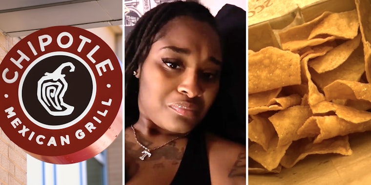 Chipotle sign(l), Woman looking upset(c), Chips in bag(r)