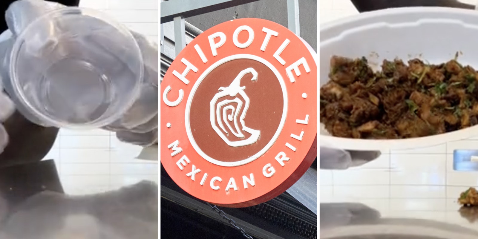 Plastic cup(l), Chipotle sign(c), Bowl with meat(r)