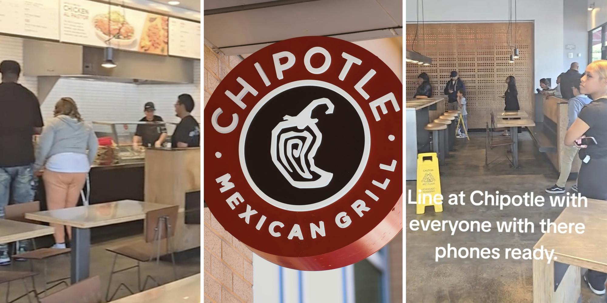 People waiting on line at Chipotle(l+r), Chipotle sign(c)