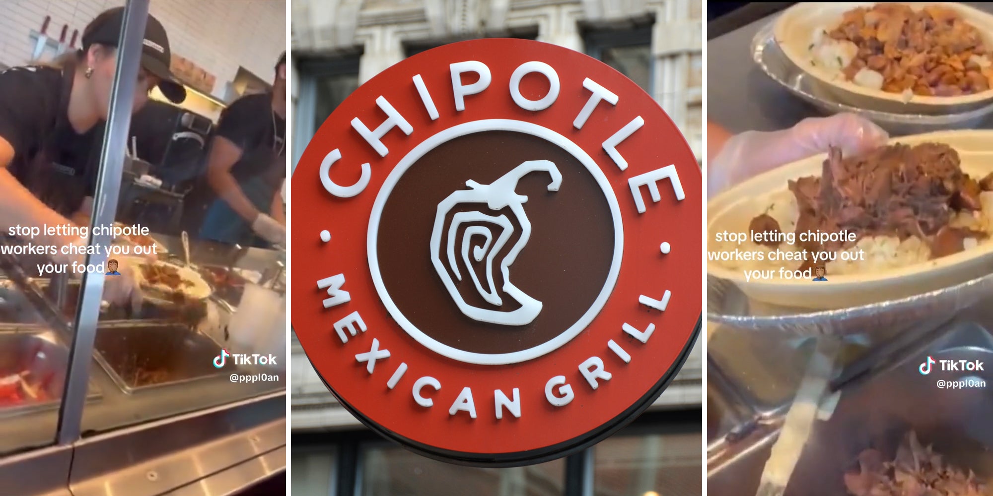 chipotle worker with caption 'stop letting chipotle workers cheat you out your food' (l&r) chipotle sign (c)