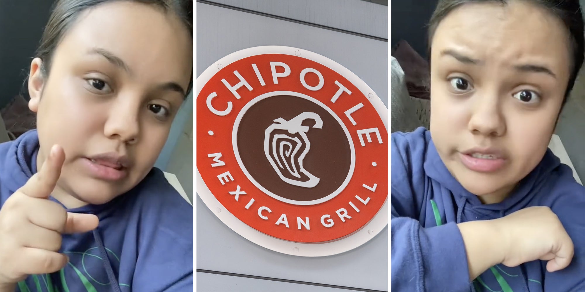 Woman talking(L+r), Chipotle logo(c)