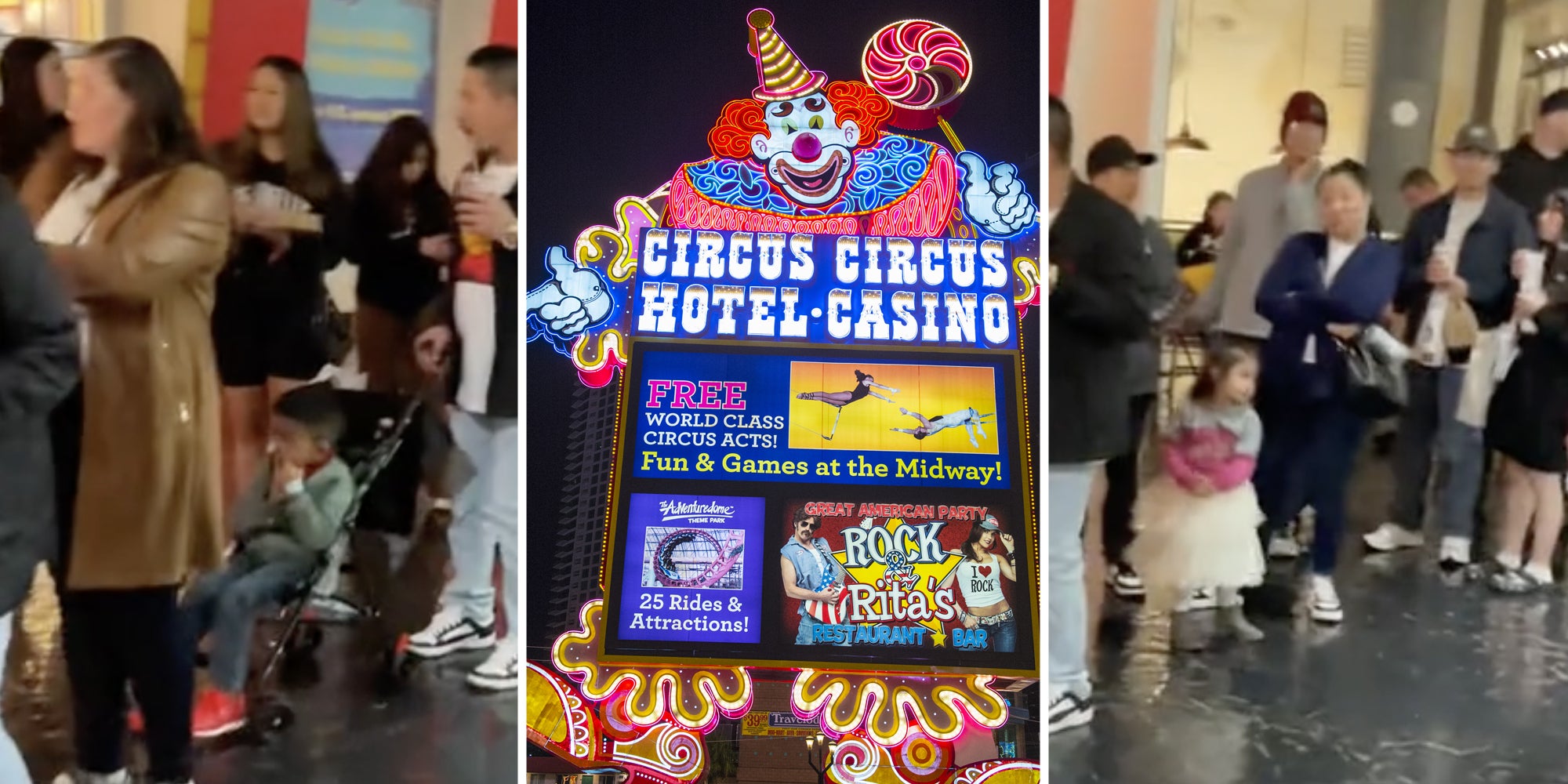 People waiting on line(L+r), Circus Circus hotel sign(c)