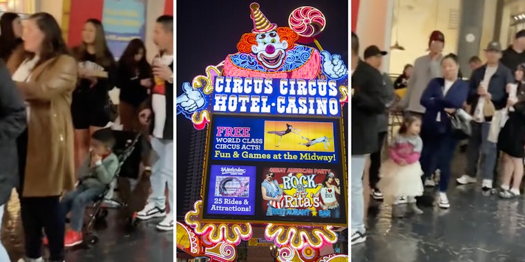 People waiting on line(L+r), Circus Circus hotel sign(c)