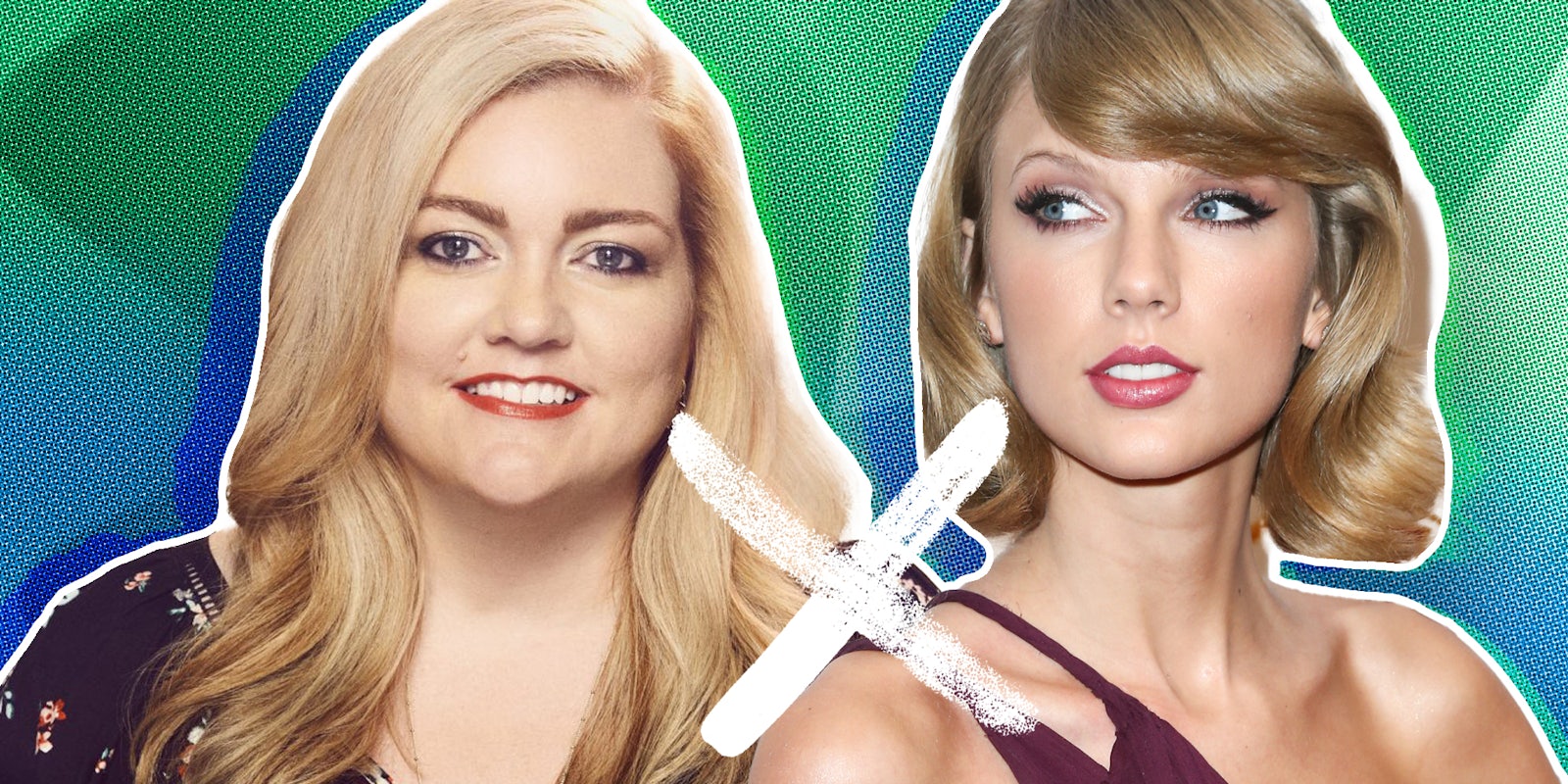 Colleen Hoover and Taylor Swift over abstract background