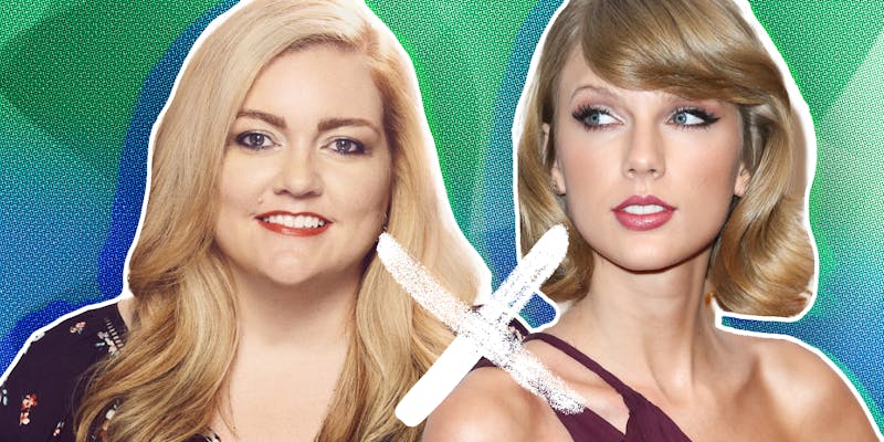 Colleen Hoover and Taylor Swift over abstract background