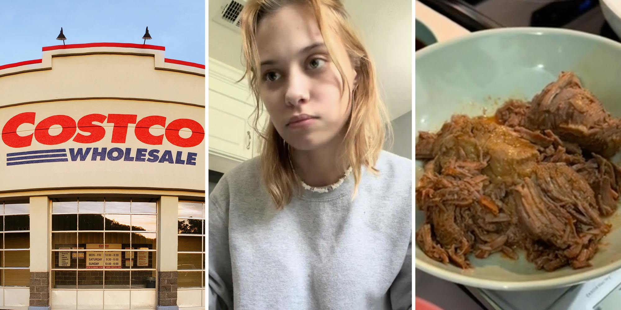 Costco(l), Woman (c), Birria meat(r)