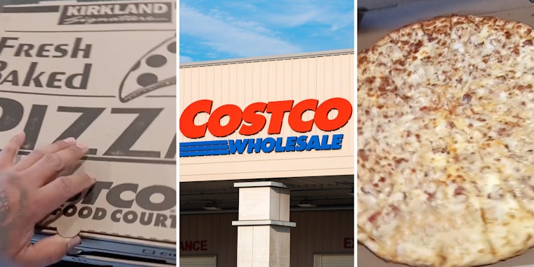 Hand on pizza box(l), Costco storefront(c), Pizza(r)