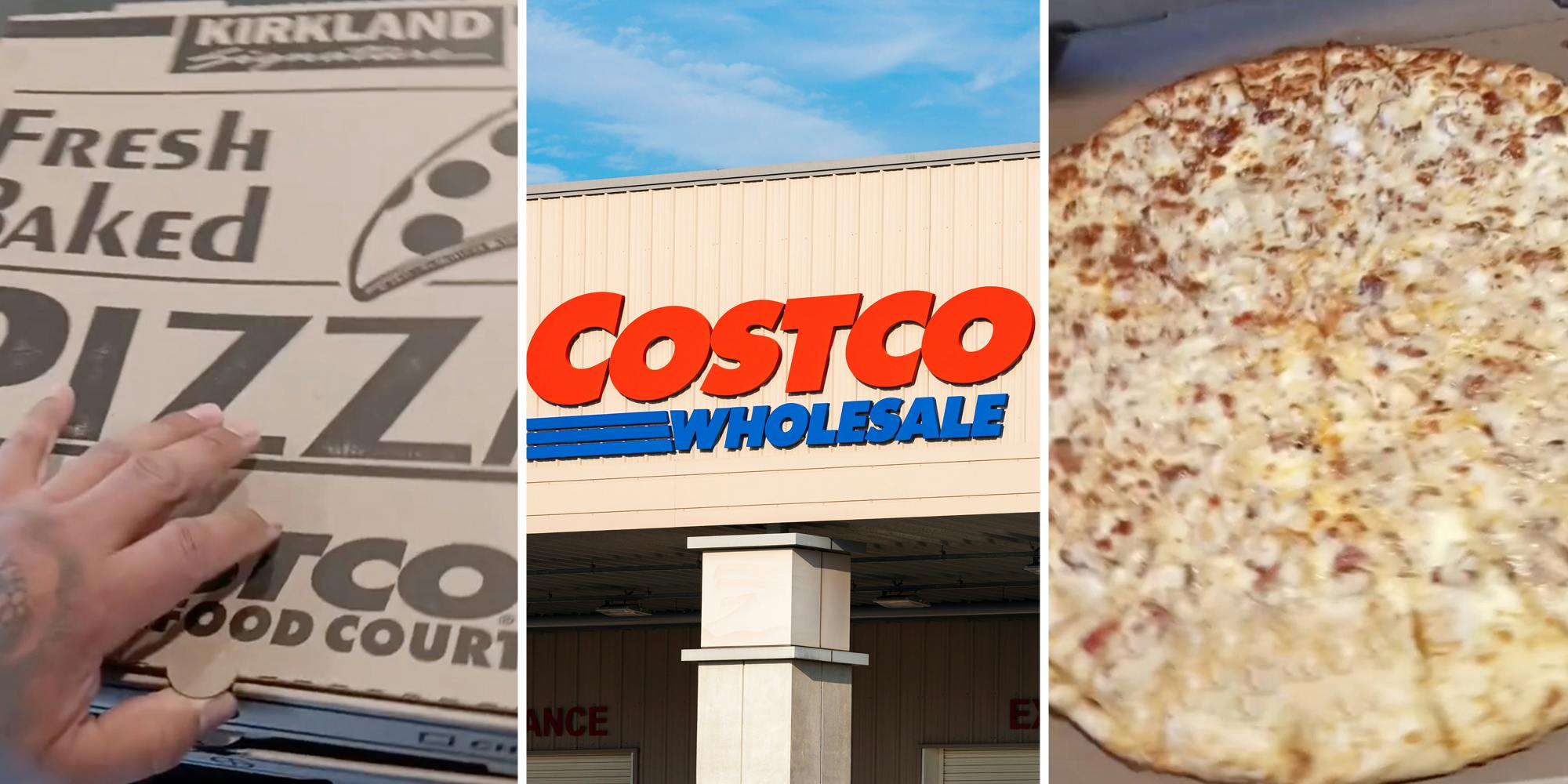 Hand on pizza box(l), Costco storefront(c), Pizza(r)