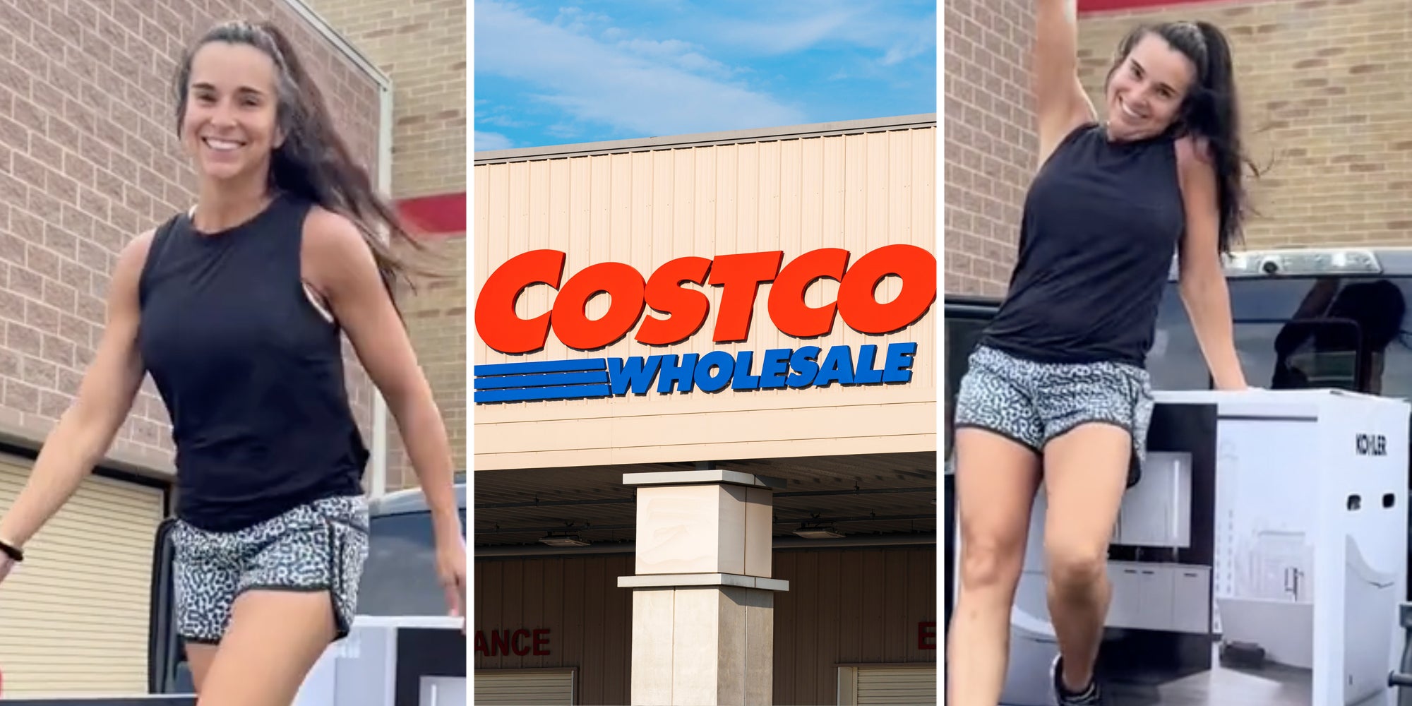 Woman smiling(l), Costco storefront(c), Woman smiling on box of bidet(r)