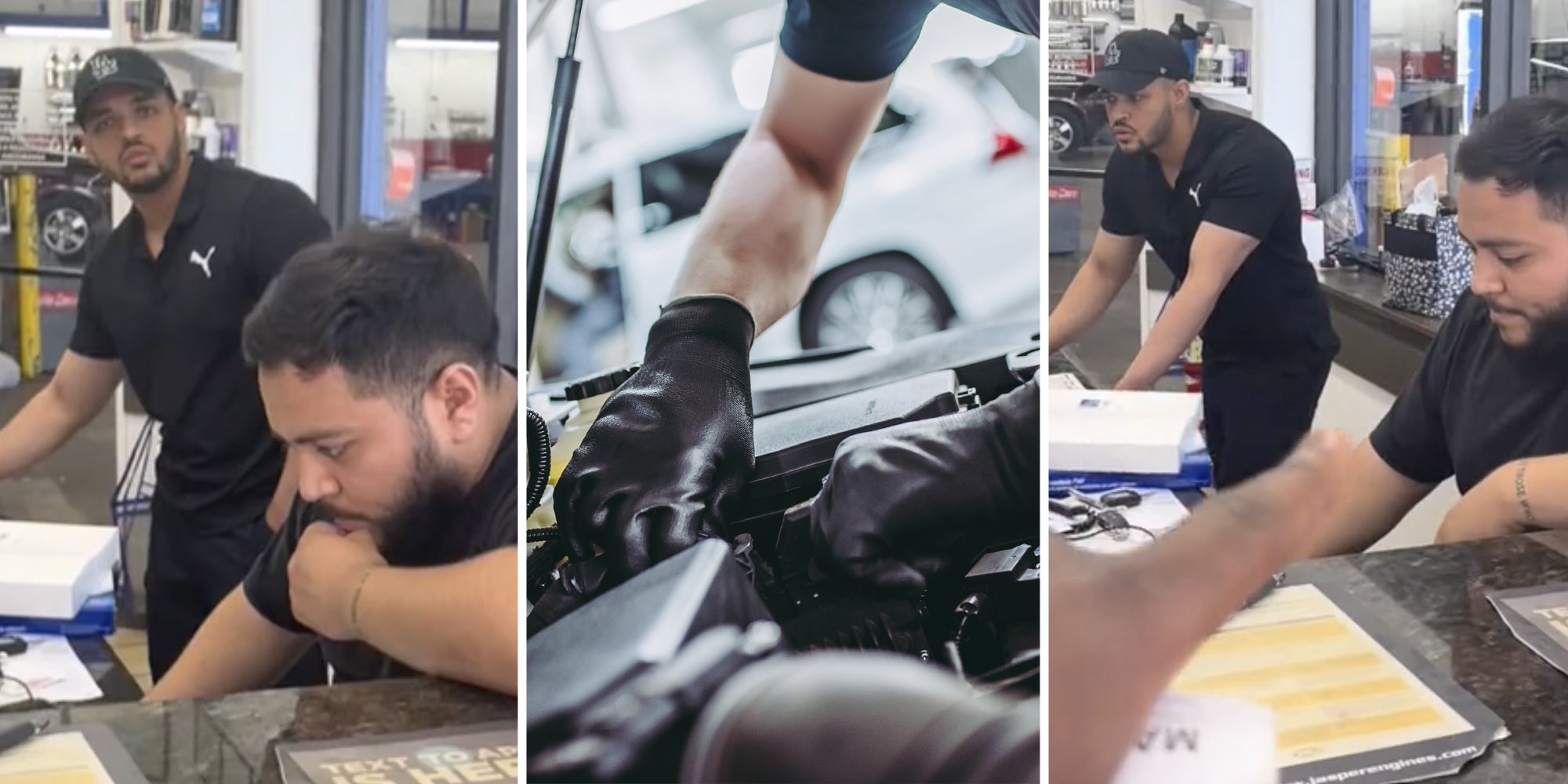 Two mechanics(l+r), Gloved hands working on engine(c)