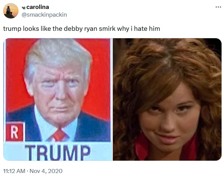 Tweet comparing a photo of Donald Trump and the Debby Ryan smirk meme.