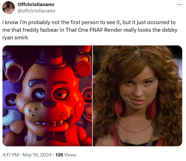 Tweet comparing images of Freddy Fazbear and the Debby Ryan smirk.
