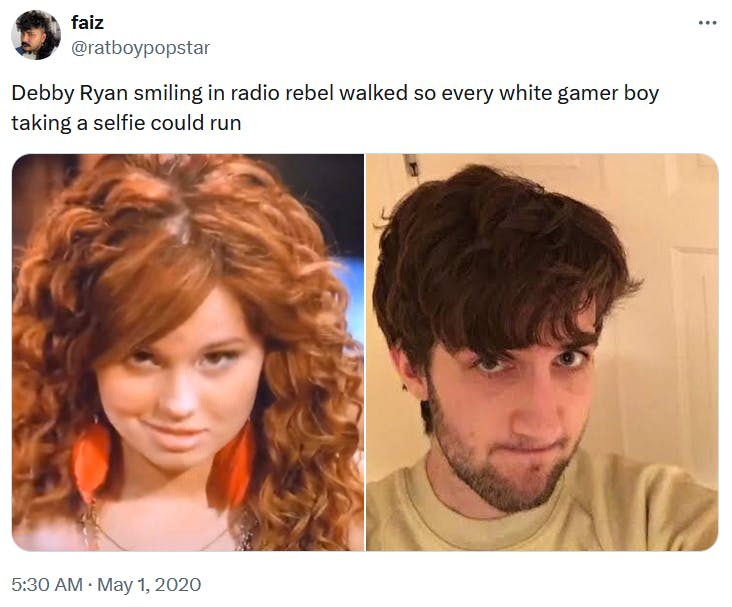 Tweet with side by side images of the Debby Ryan smirk and a man taking a shy selfie reading 'Debby Ryan smiling in radio rebel walked so every white gamer boy taking a selfie could run.'