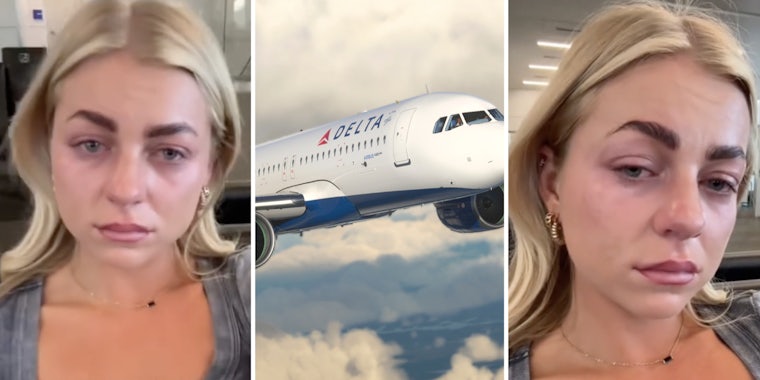 Woman crying(L+r), Delta airplane(c)