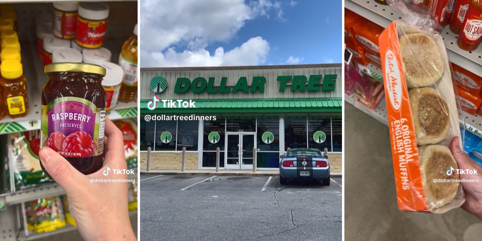 hand holding raspberry preserves (l) dollar tree storefront (c) english muffins (r)
