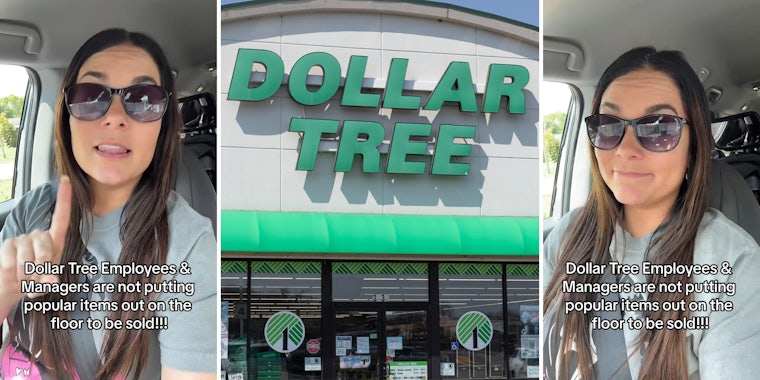 woman in car with caption 'Dollar Tree Employees & Managers are not putting popular items out on the floor to be sold!!!' (l&r) Dollar Tree sign (c)