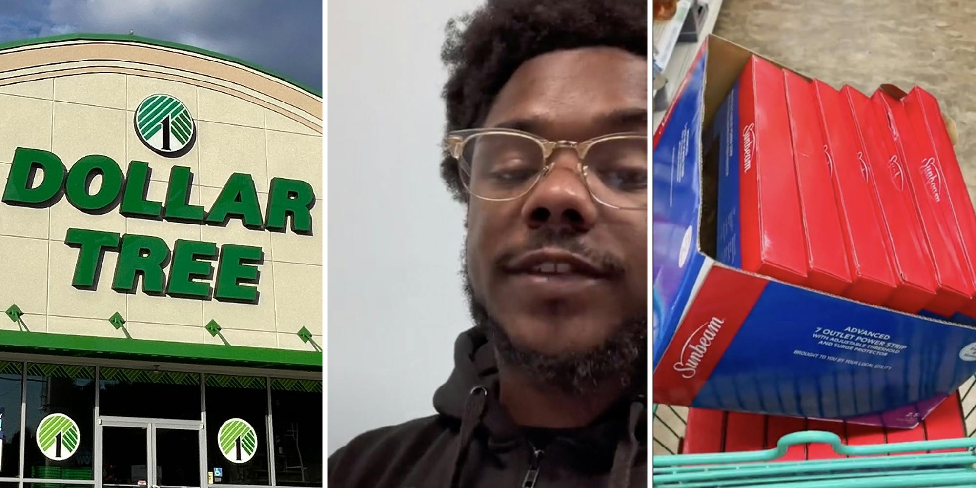 Dollar Tree(l), Man(c), Box of items(r)