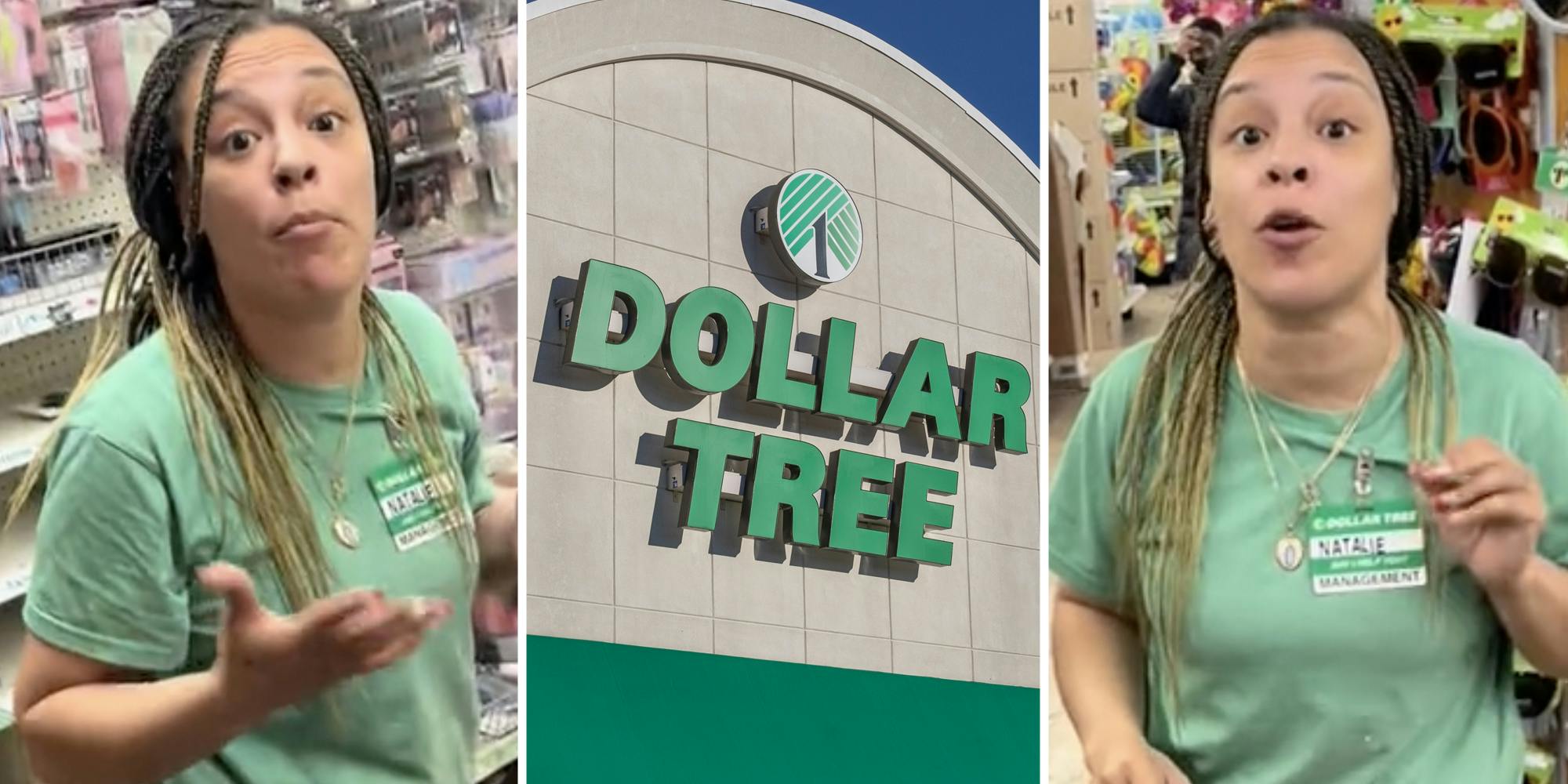 Woman looking frustrated(l+r), Dollar Tree(c)