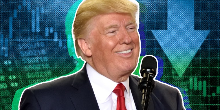 Donald Trump smiling with mic in front of graphic of down turn report