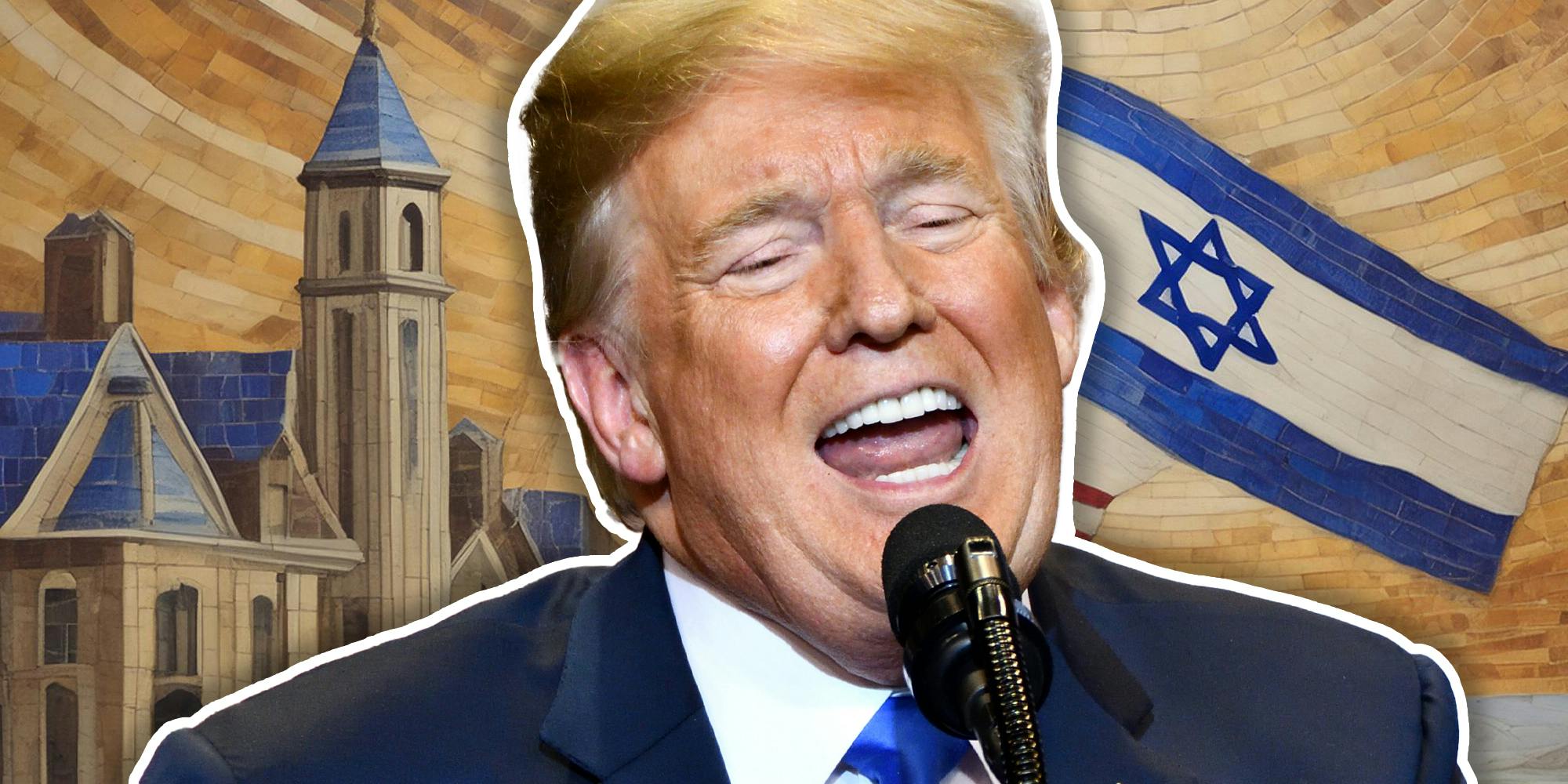 Donald Trump yelling in front of israeli flag