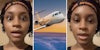 Woman talking(l+r), Airplane in sky(c)