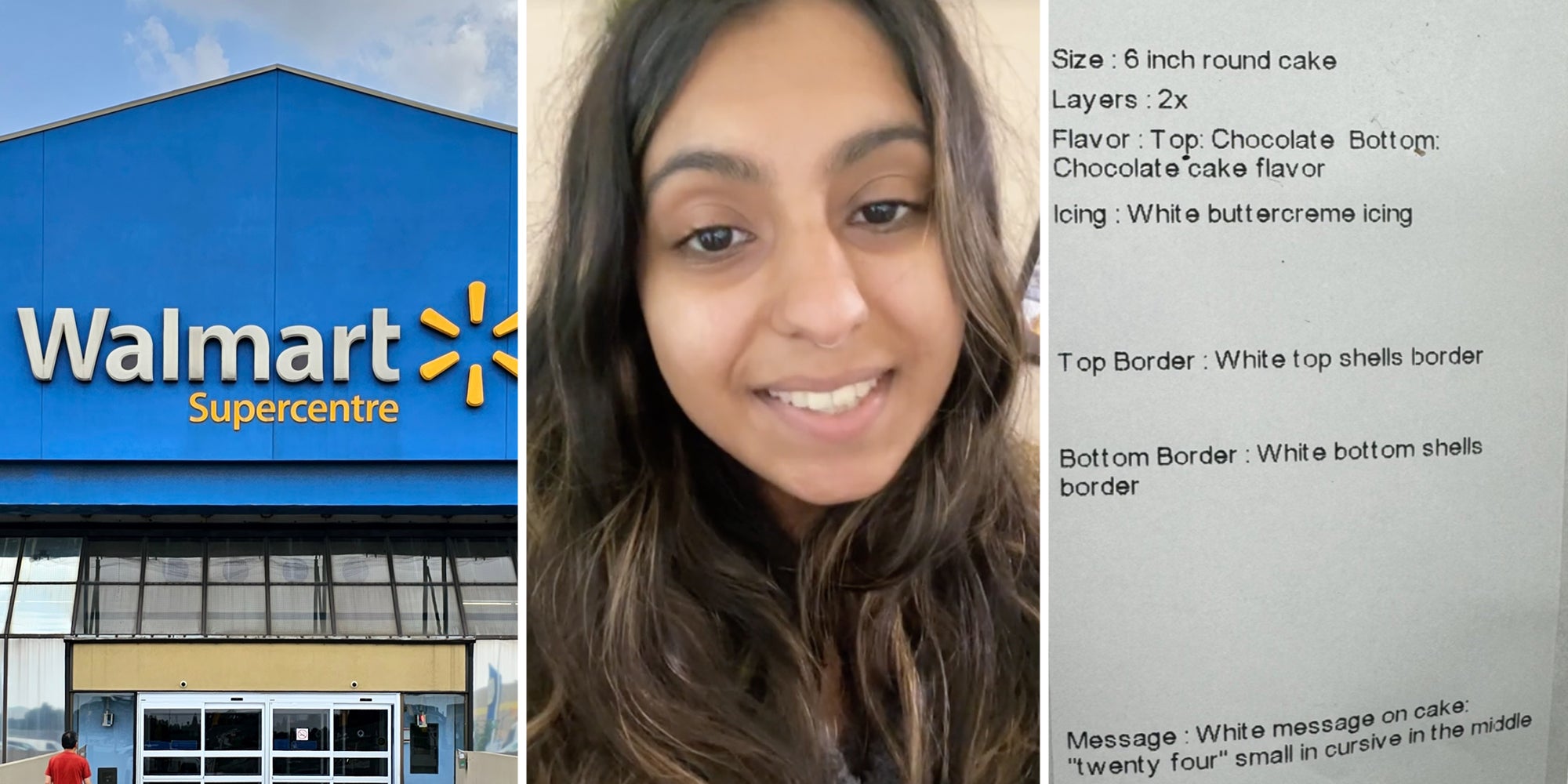 Walmart(l), Woman smiling(c), Cake order(r)