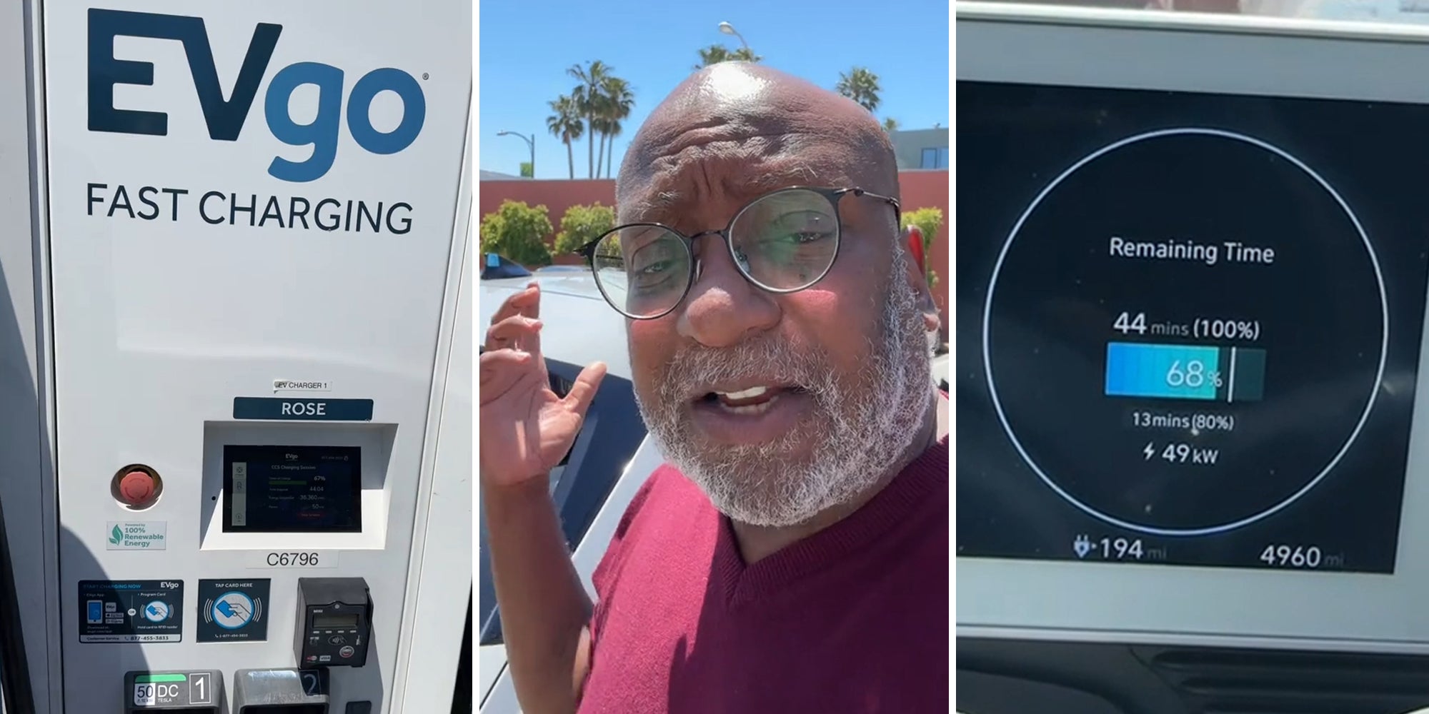 EVgo charging station (l) man outside car (c) battery charging indicator reads 'remaining time 44 mins (100%), a rectangle with 68% inside it, 13 mins (80%) 49kW (r)