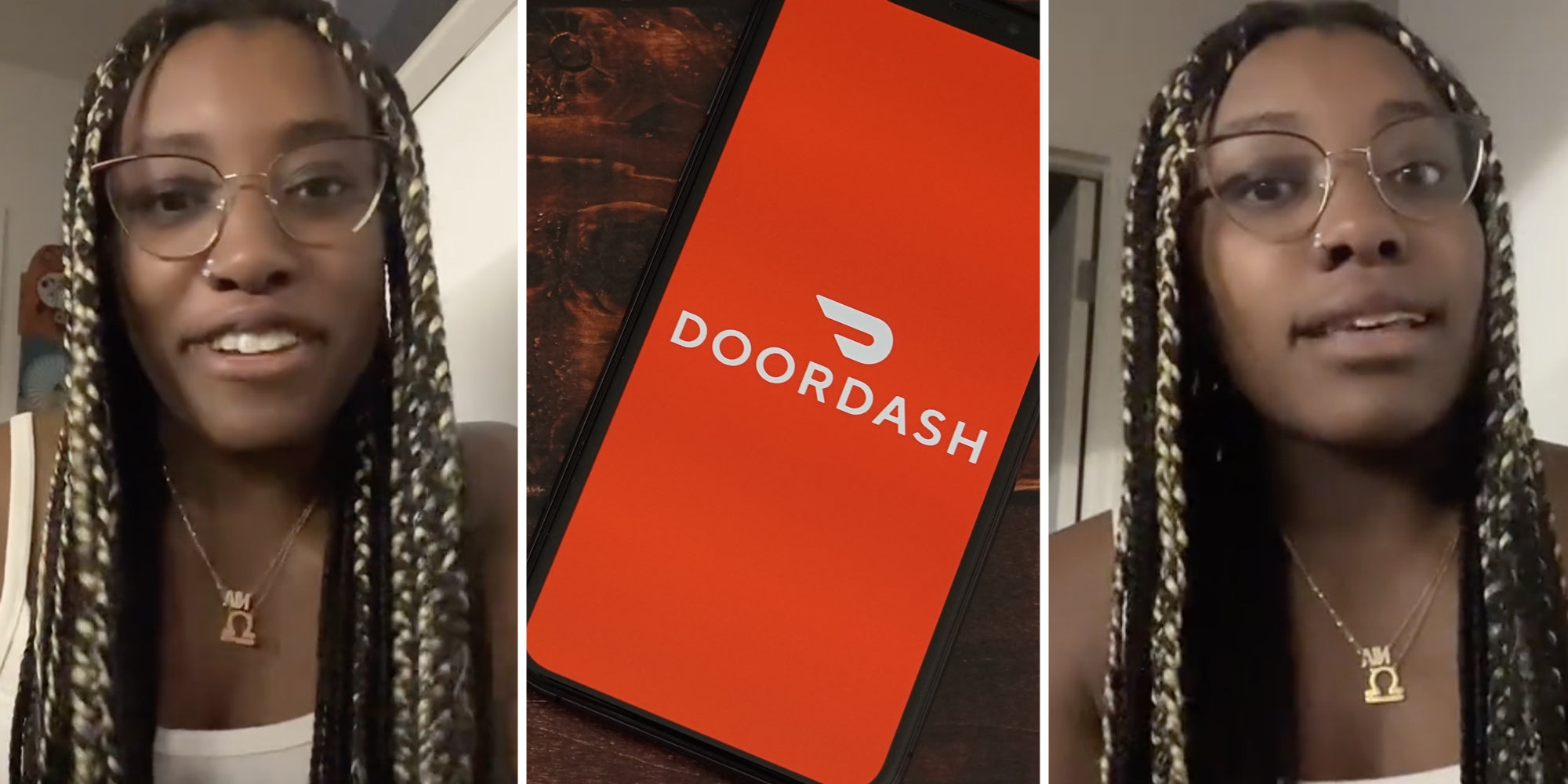 Woman talking(l+r), Phone with doordash app(c)