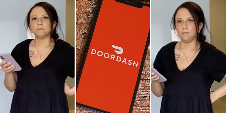 Woman holding phone(l+r), Doordash app on the phone