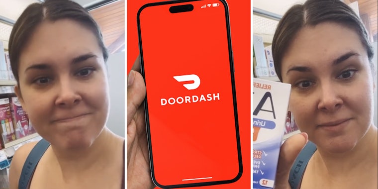 Woman looking frustrated(l), Hand holding phone with doordash app(c), Woman holding up product(r)